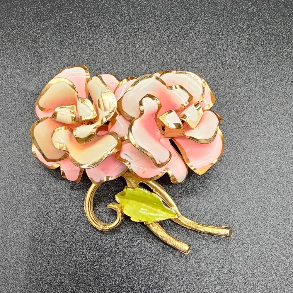 Vintage Pink and Cream Enamel Floral Brooch with Green Leaf Accent